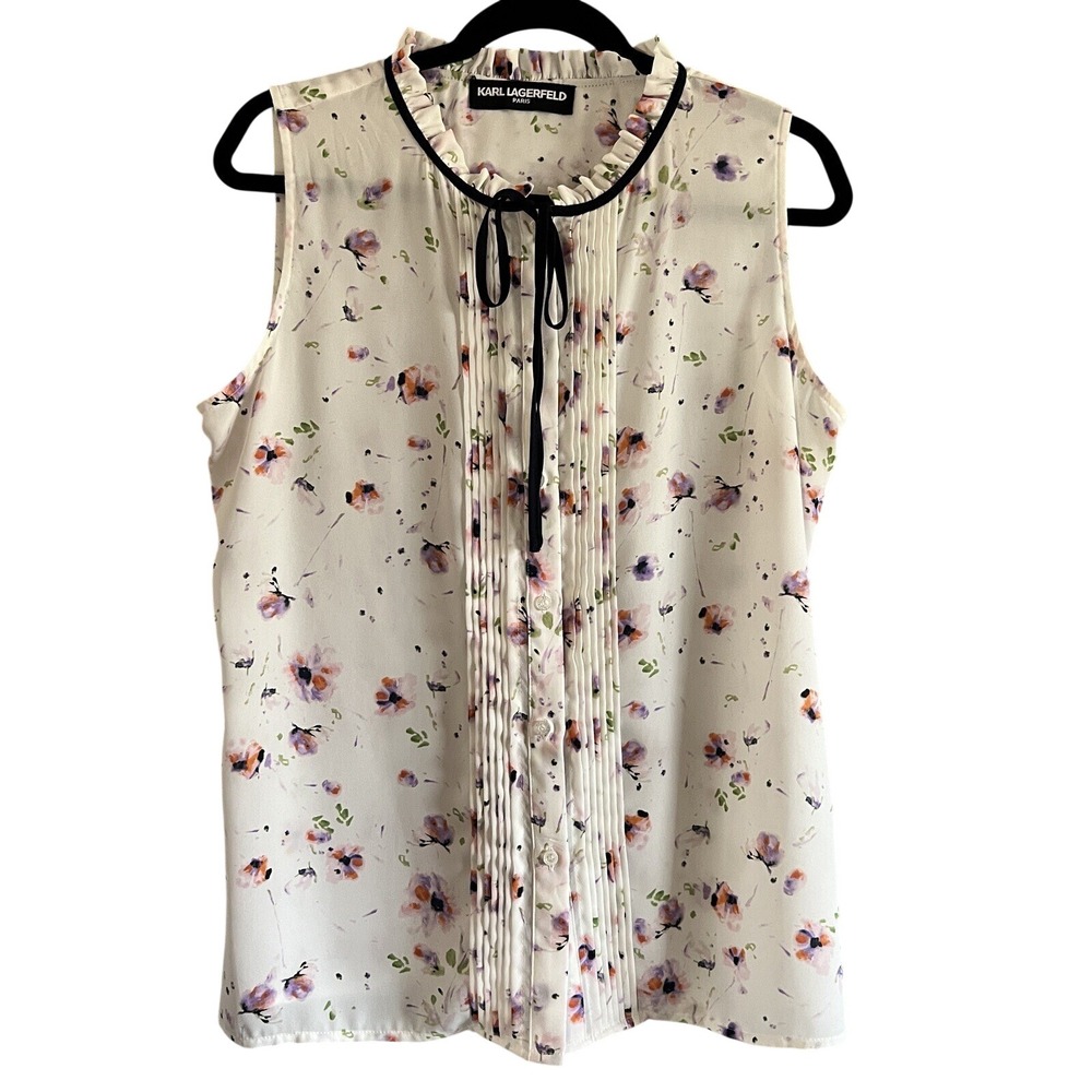 Karl Lagerfeld Women's Sleeveless Blouse Button Down Tie Neck Floral White Large